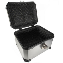 Cargar imagen en el visor de la galería, CAJUELA CUADRADA 45L PLÁSTICO TECHX2 PLATA/NEGRO C/ RESPALDO Y SEGURO ANTIROBO MOD. SG-530