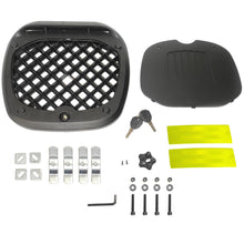 Cargar imagen en el visor de la galería, CAJUELA CUADRADA 45L PLÁSTICO TECHX2 NEGRA C/ RESPALDO Y SEGURO ANTIROBO SG-560